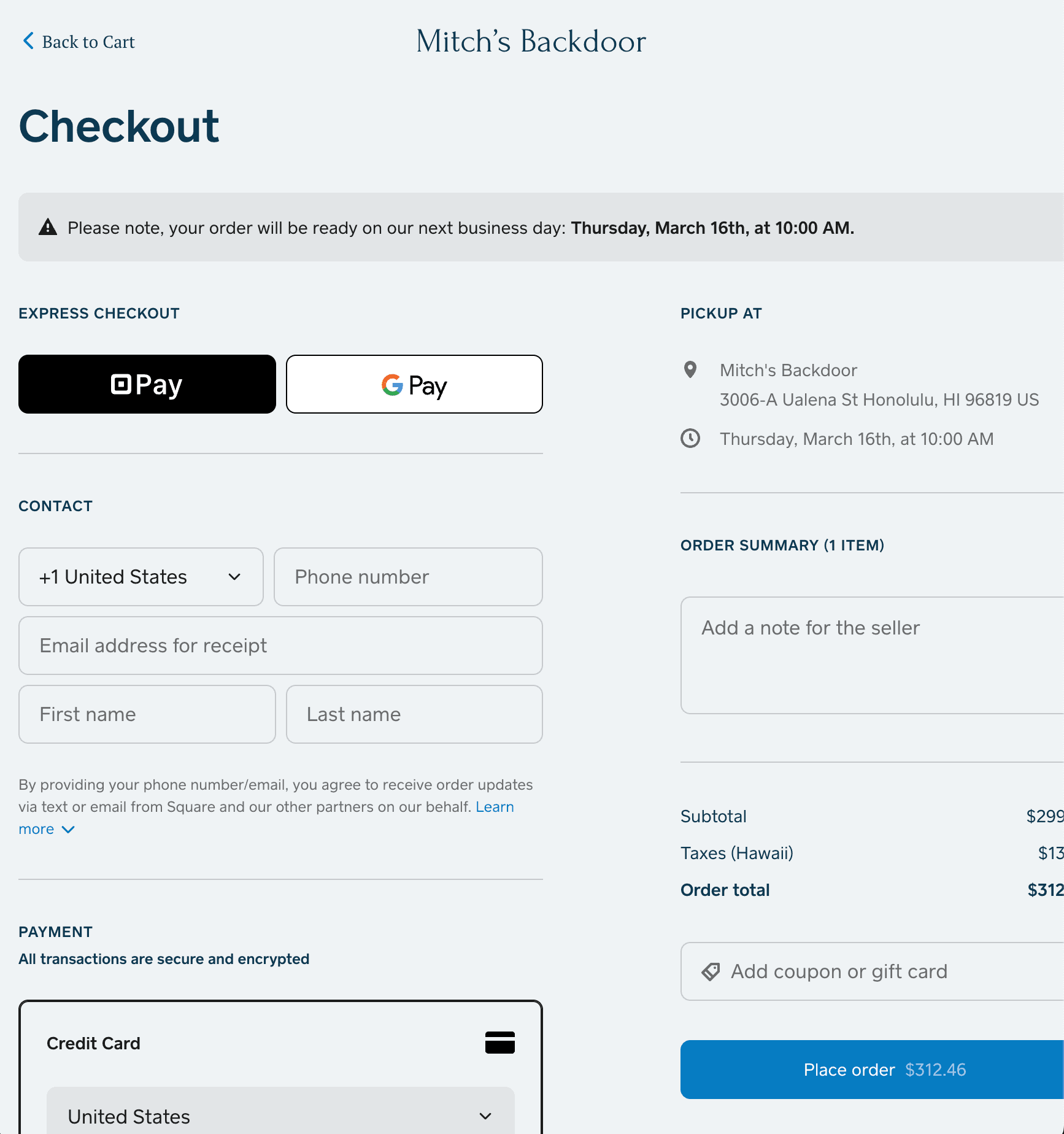 Mitchs backdoor checkout options made by Banzai Websites