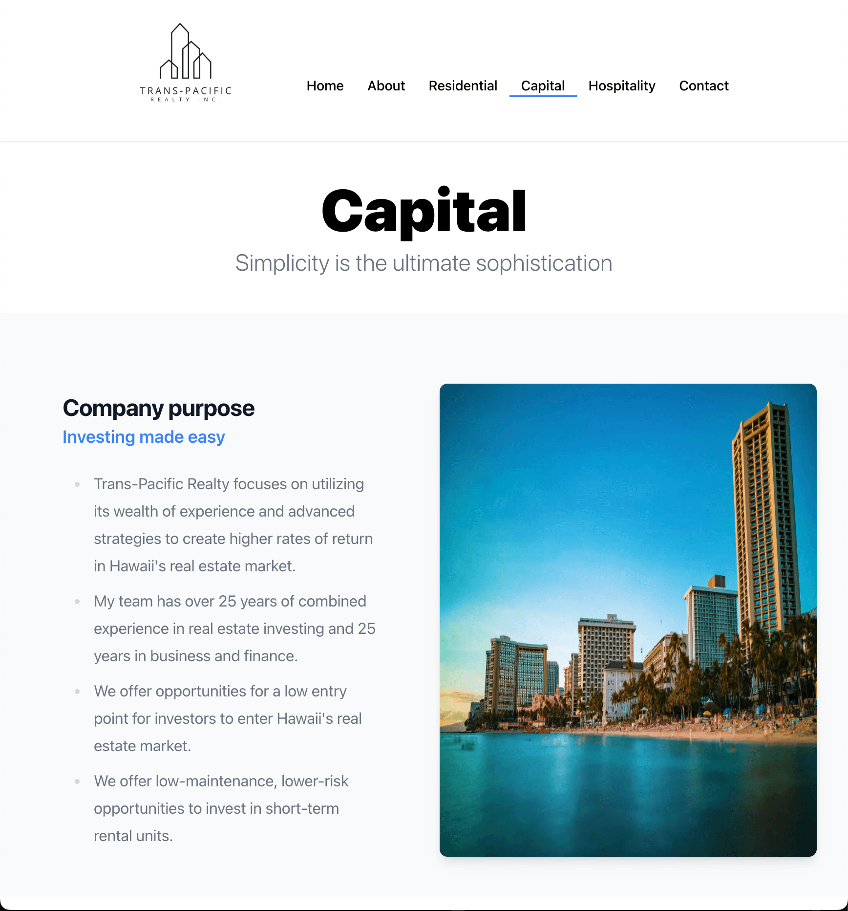 Trans-Pacific Realty Inc Capital Page made by Banzai Websites