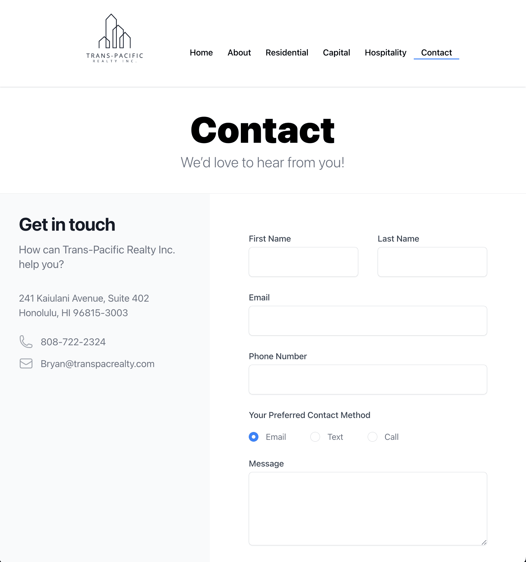 Trans-Pacific Realty Inc Contact Page made by Banzai Websites